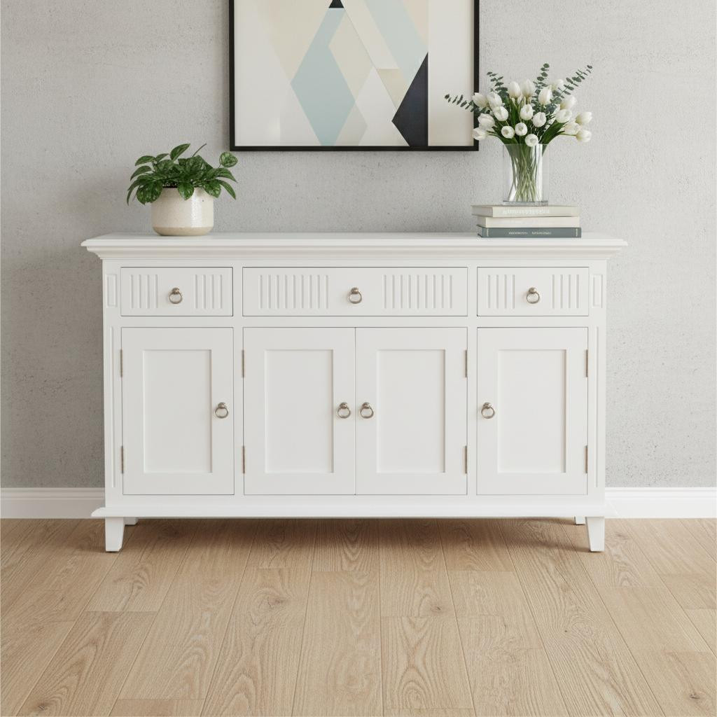 523210 59 in. White Solid Wood Paneled Three Drawer Buffet Table with Four Doors