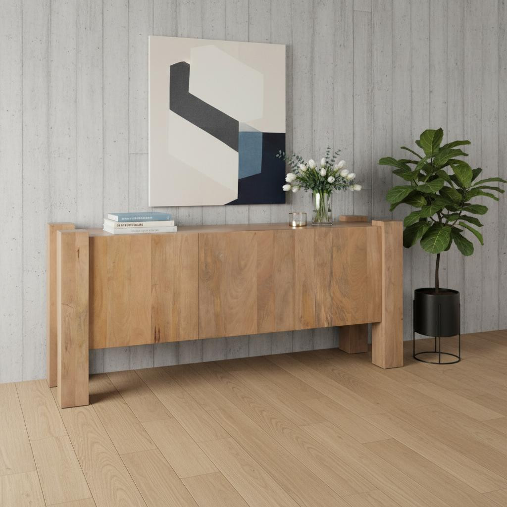 611022 75 in. Light Brown Solid Wood Sideboard Soft Close with Three Doors