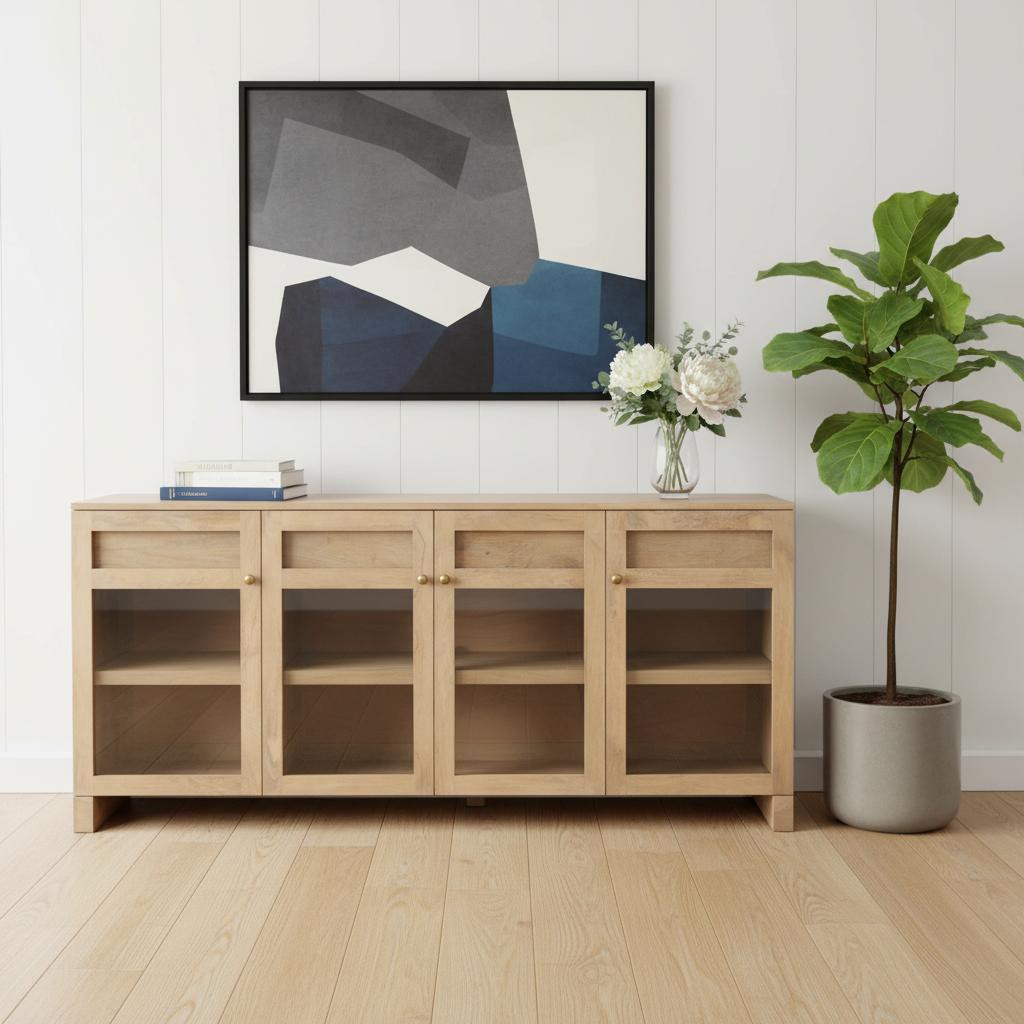 611025 80 in. Light Brown Solid Wood Three Drawer Sideboard Soft Close with Four Glass Doors