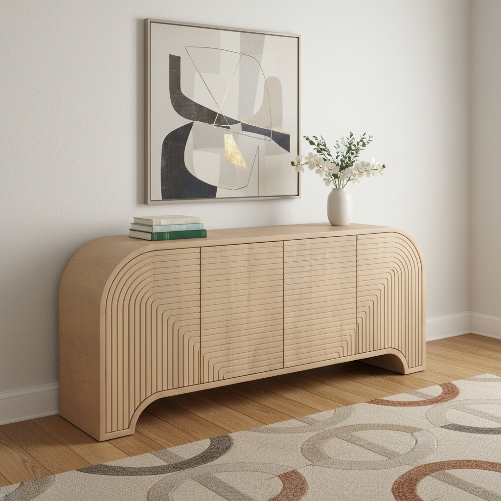 611026 72 in. Natural Solid Wood Ribbed Texture Sideboard with Four Doors