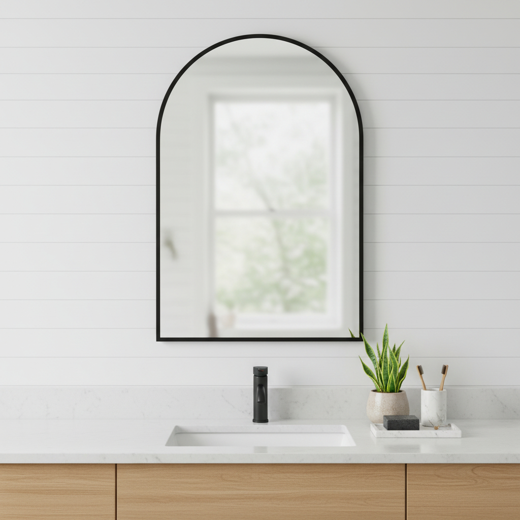 719125 35 in. Black Metal Arch Framed Accent Mirror