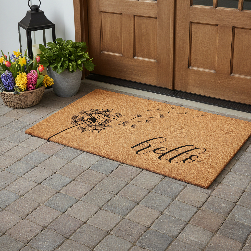 721301 24 x 48 in. Brown & Black Floral Hello Outdoor Coir Rectangle Door Mat