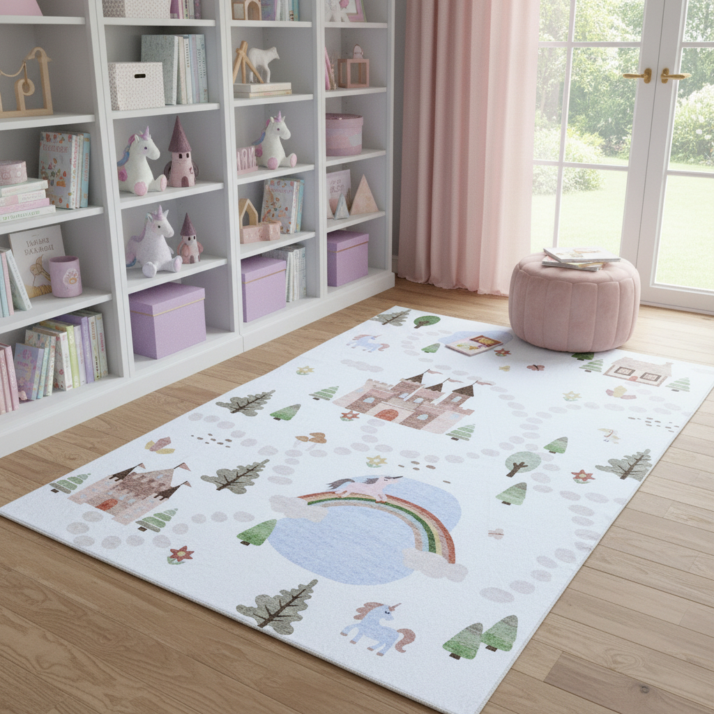 570031 4 x 6 ft. Off White Brown Green & Blue Castle & Rainbow Youthful Rectangle Area Rug