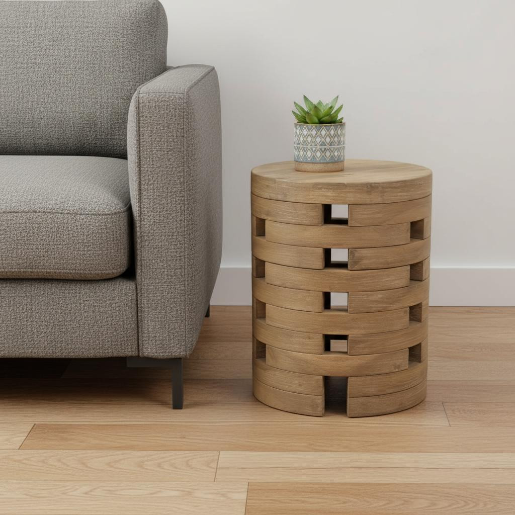 668521 14 in. Natural Solid Wood Round Outdoor Side Table