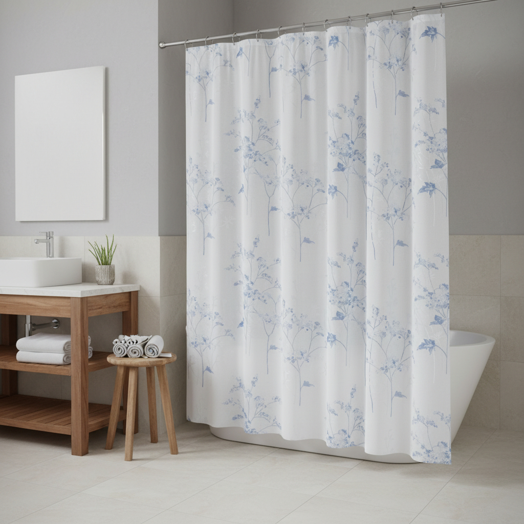 720616 72 in. White & Blue Floral Shower Curtain