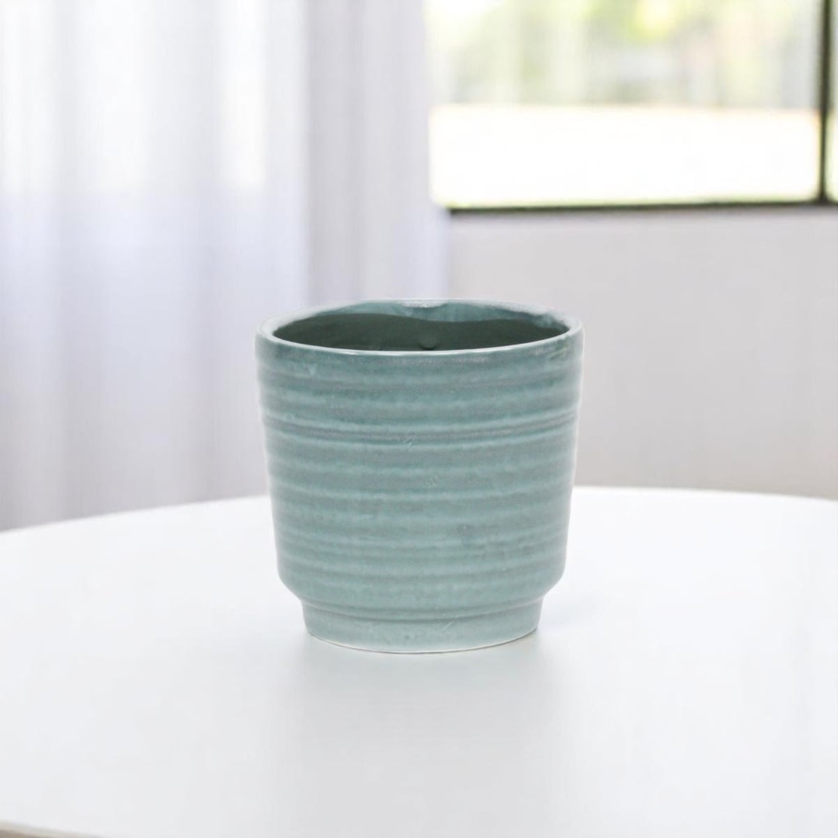 487406 23 oz Green Ceramic Striped Round Distressed Pot Planter