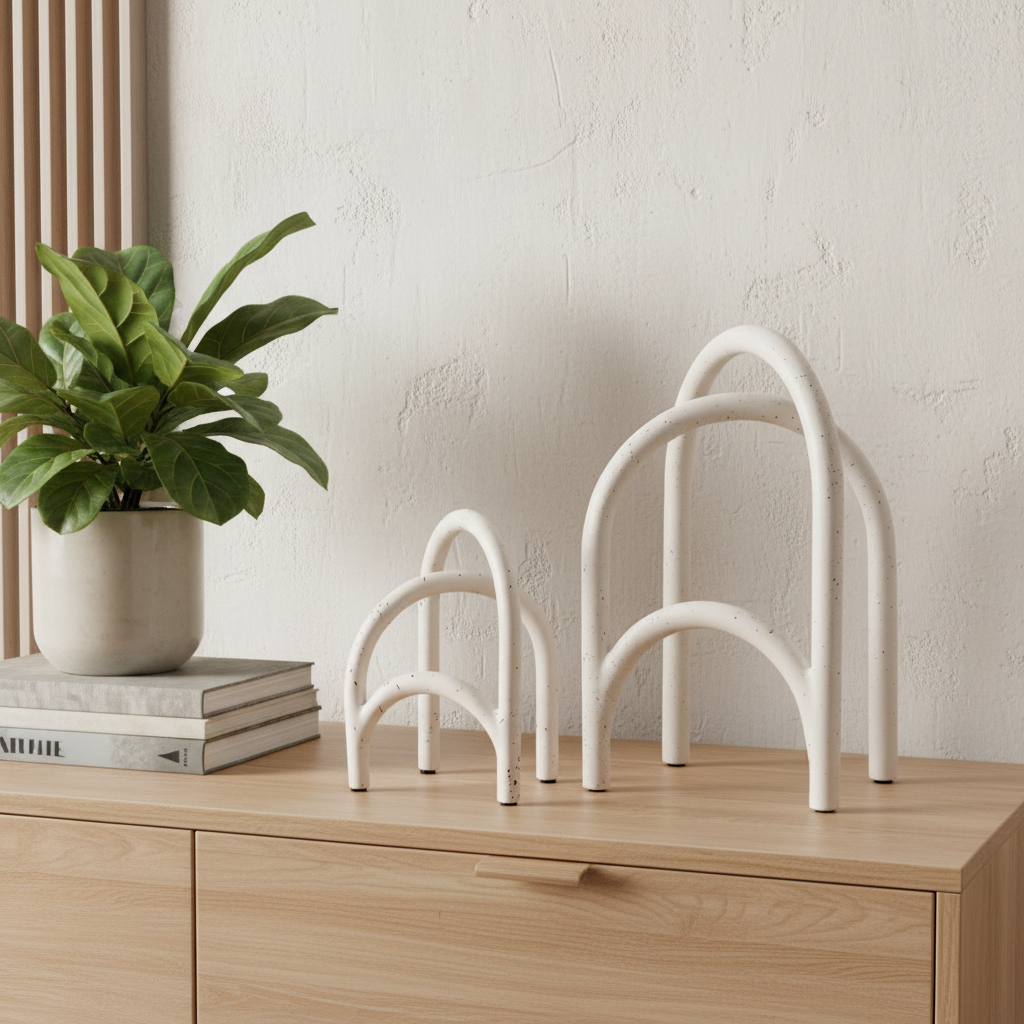 608708 White Iron Modern Abstract Tabletop Sculptures, Set of 2