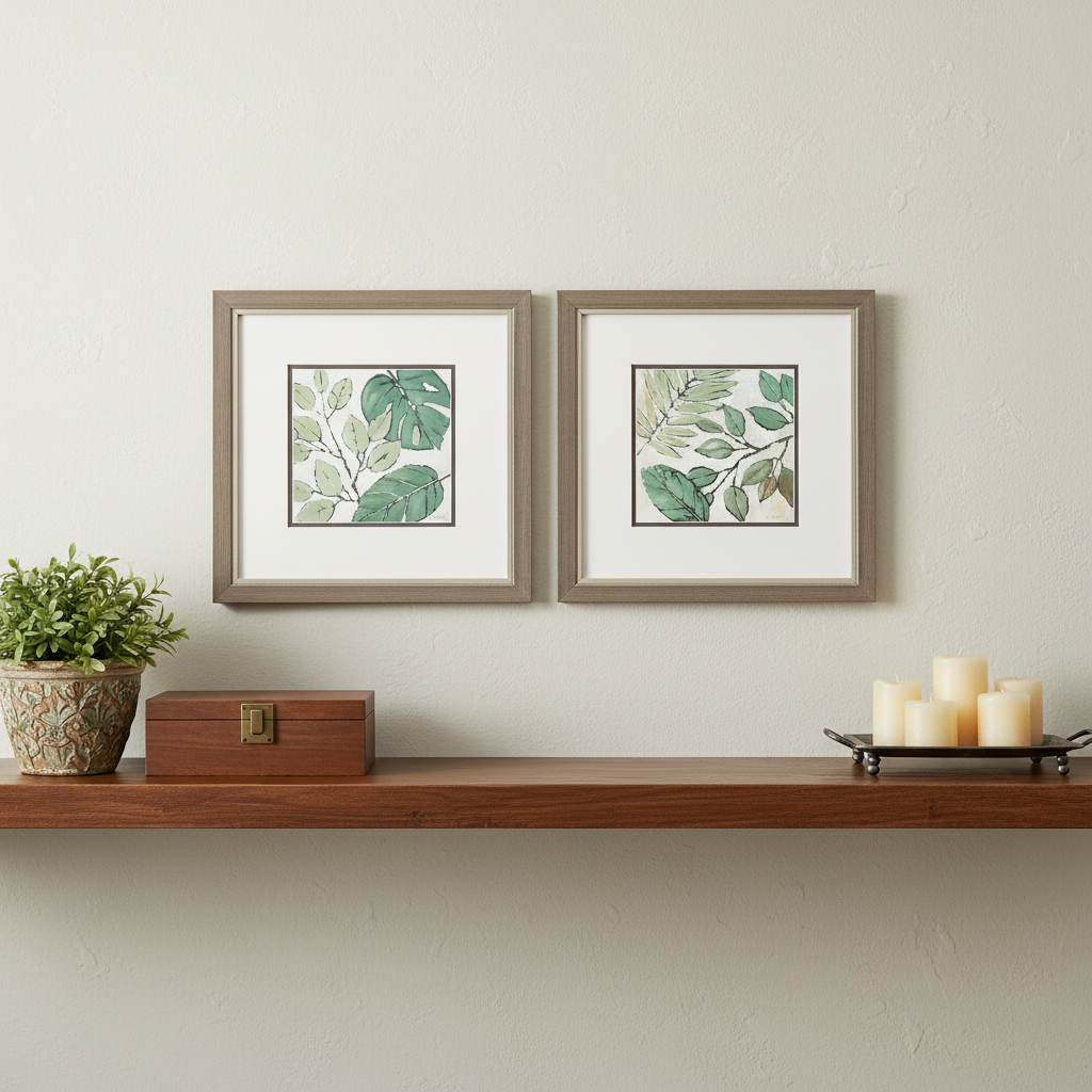 649303 Green Botanical Silver Framed Wall Art, Set of 2