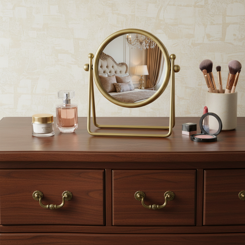 716310 10 in. Gold Metal Round Tilting Framed Makeup Shaving Tabletop Mirror