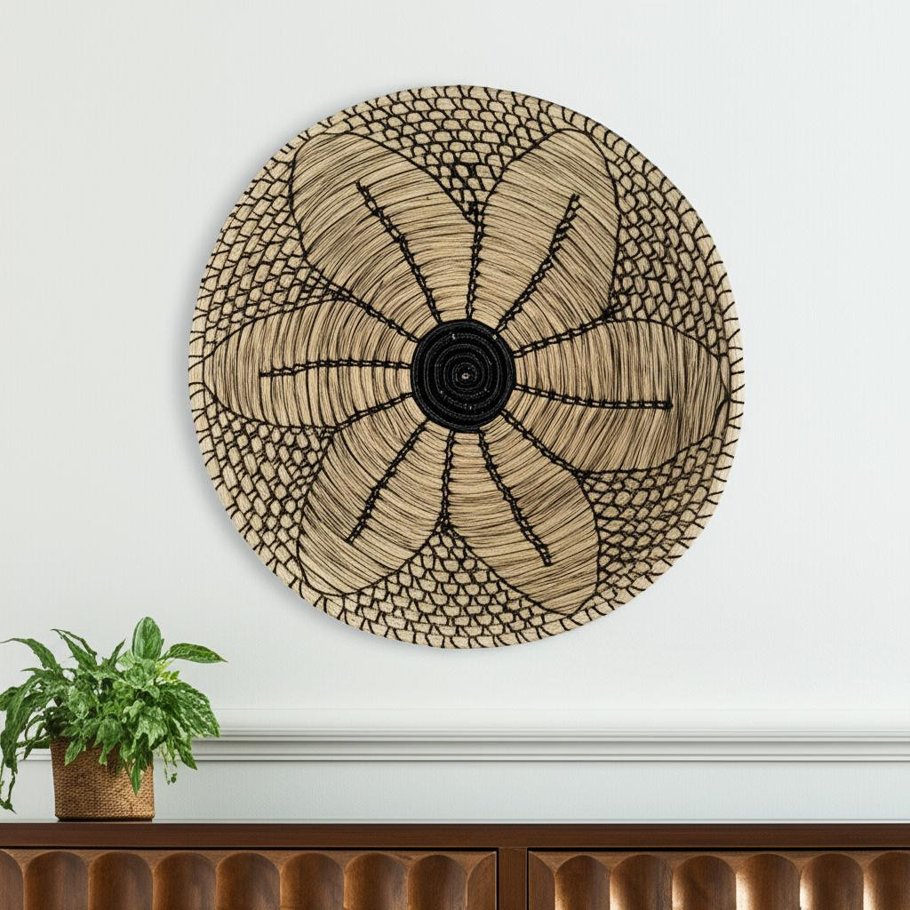 608655 24 x 24 in. Mekhi Black & Light Brown Floral Seagrass Circle Hanging Dimensional Sculpture