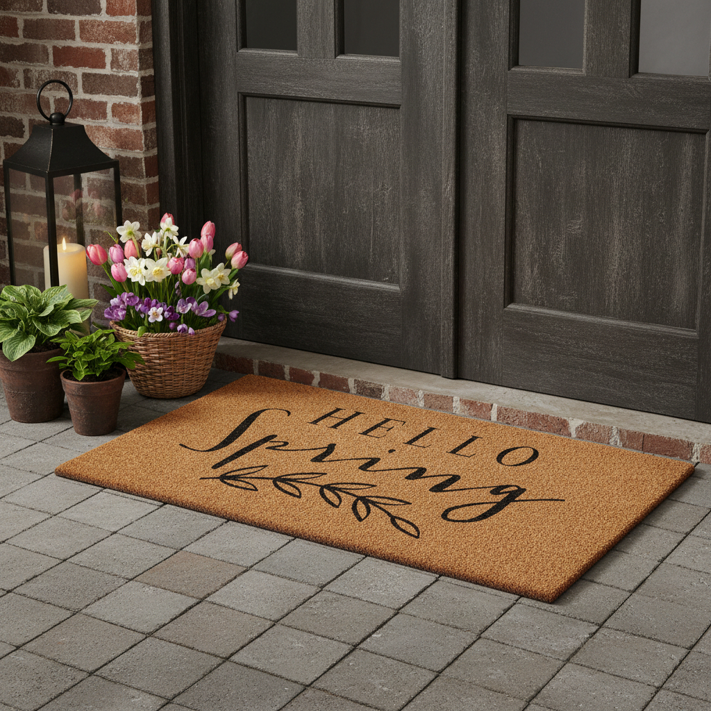 721278 24 x 48 in. Brown & Black Hello Spring Outdoor Coir Rectangle Door Mat