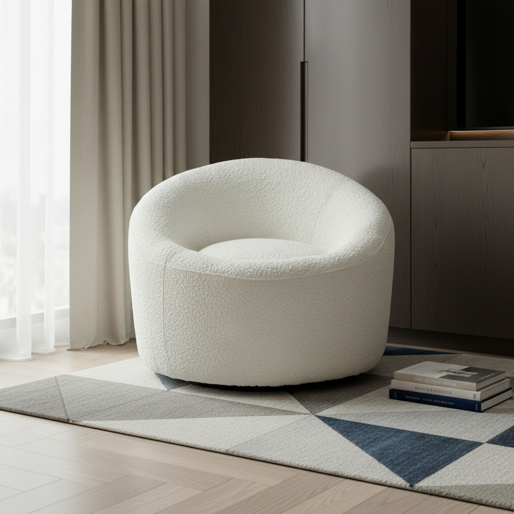 716384 33 in. White Boucle Swivel Lounge Chair