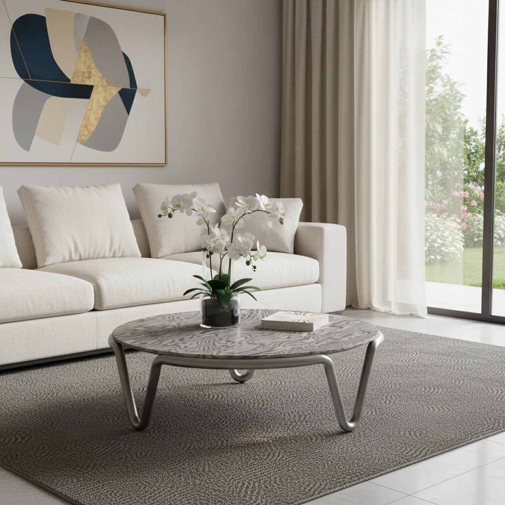 714605 43 in. Gray & Silver Wood & Stainless Steel Round Coffee Table