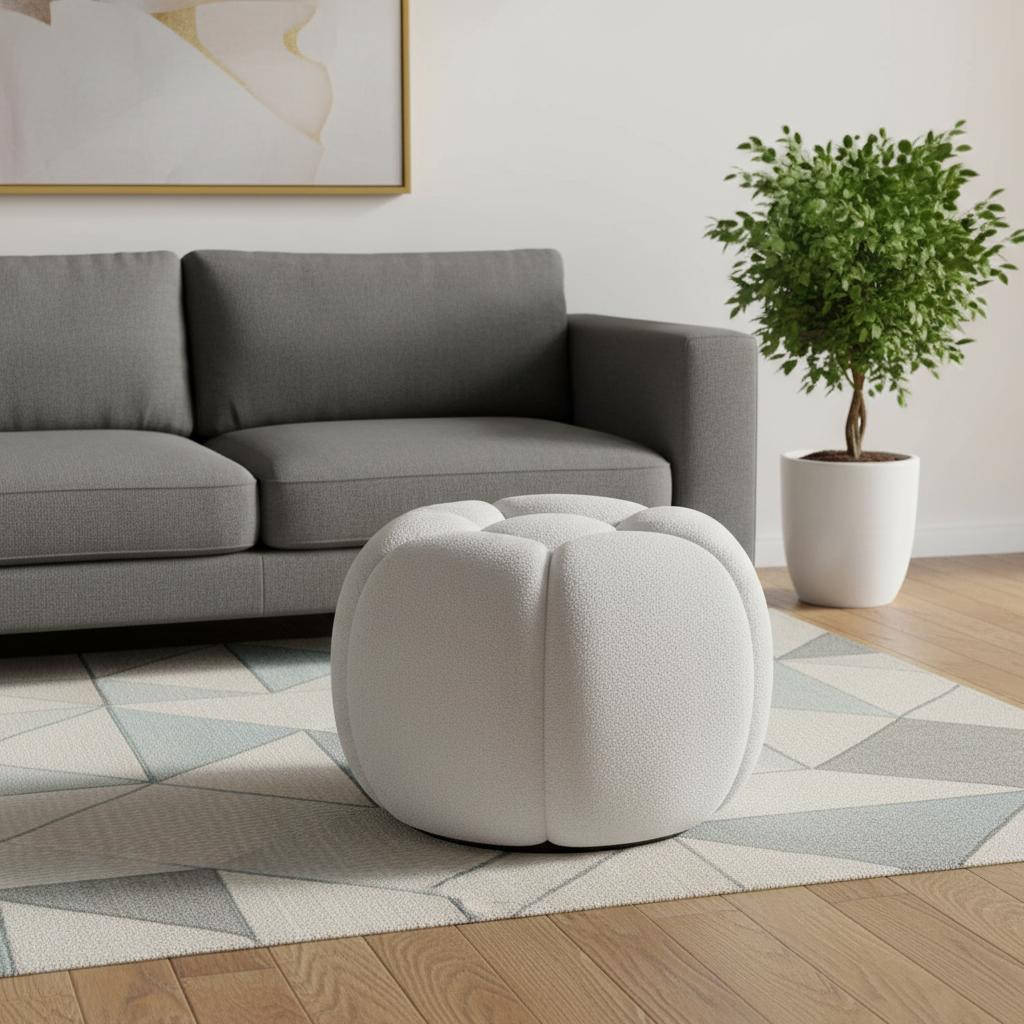 722459 19 in. White Tufted Boucle Round Ottoman