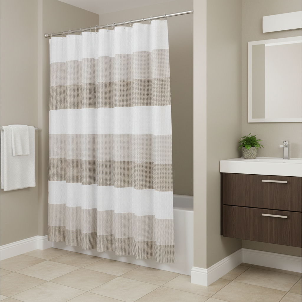 484077 72 in. White & Taupe Striped Shower Curtain