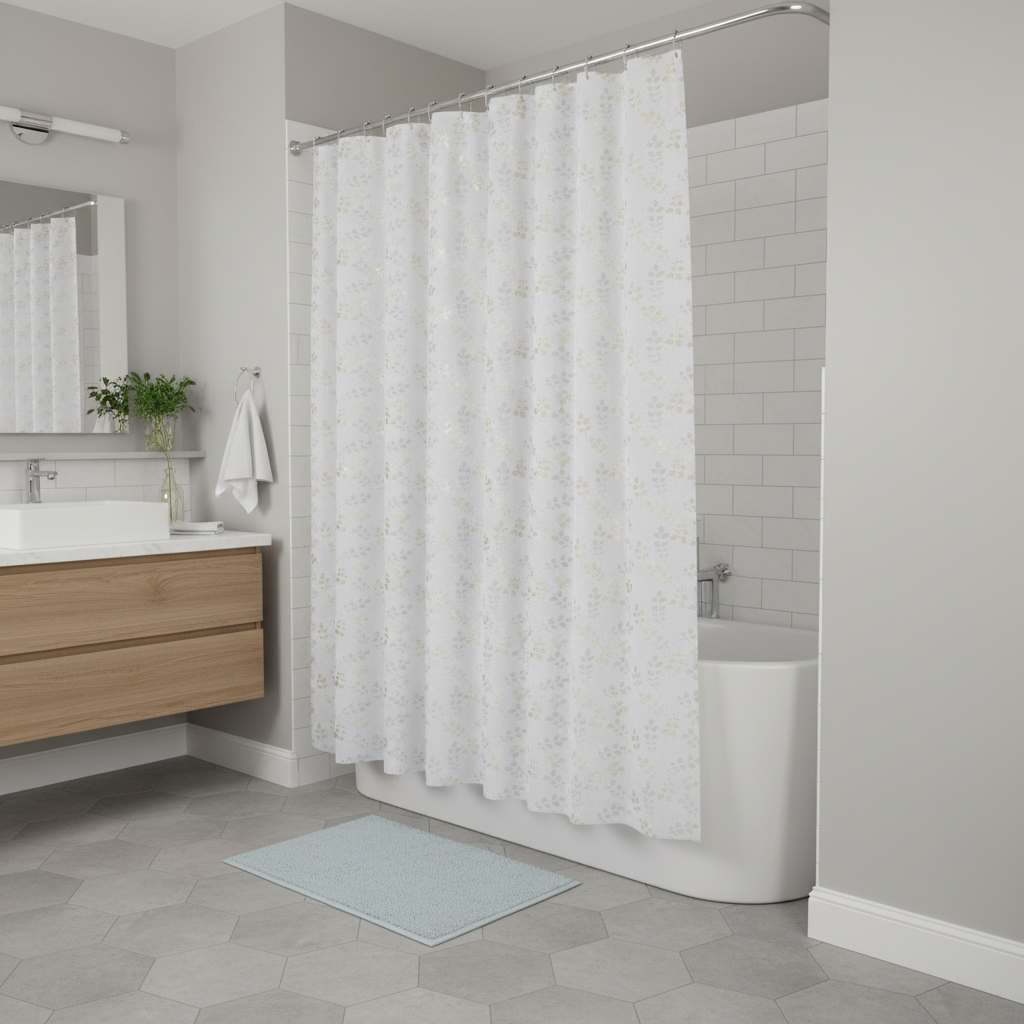 720611 72 in. White & Gold Floral Shower Curtain