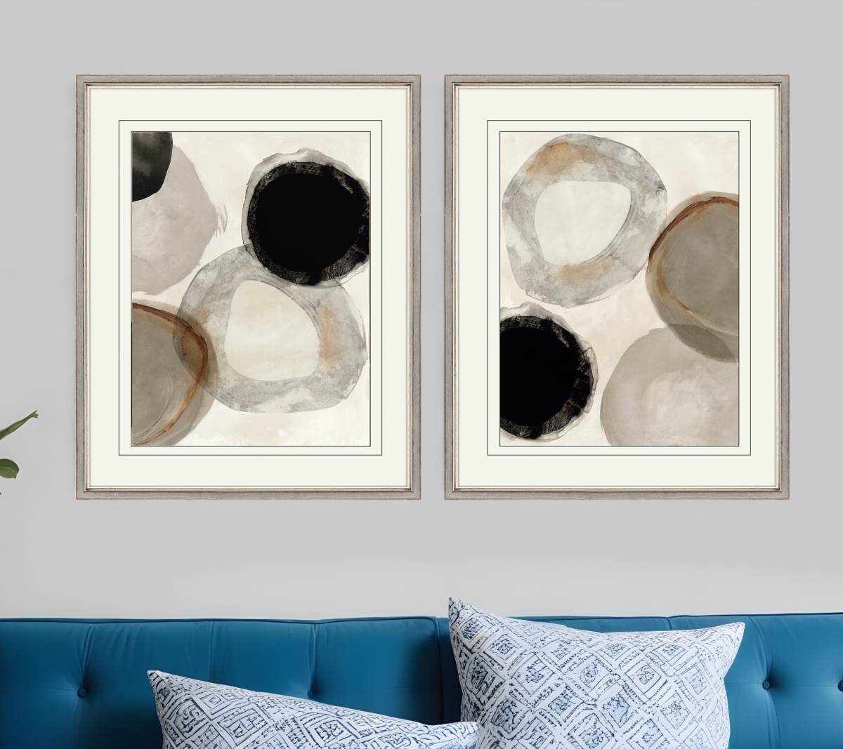 527008 Beige Rings Silver Framed Print Wall Art, Set of 2