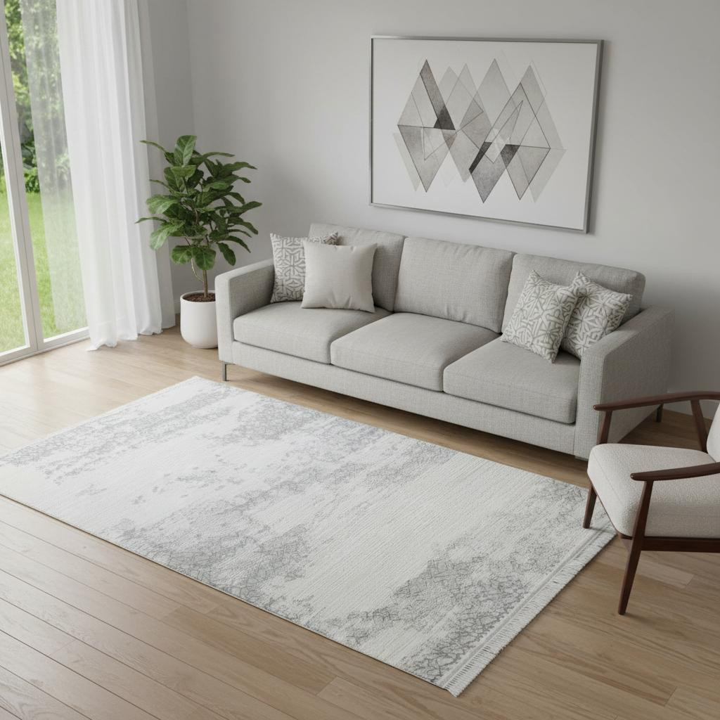 722498 5 x 8 ft. Gray & White Abstract Distressed Rectangle Area Rug with Fringe