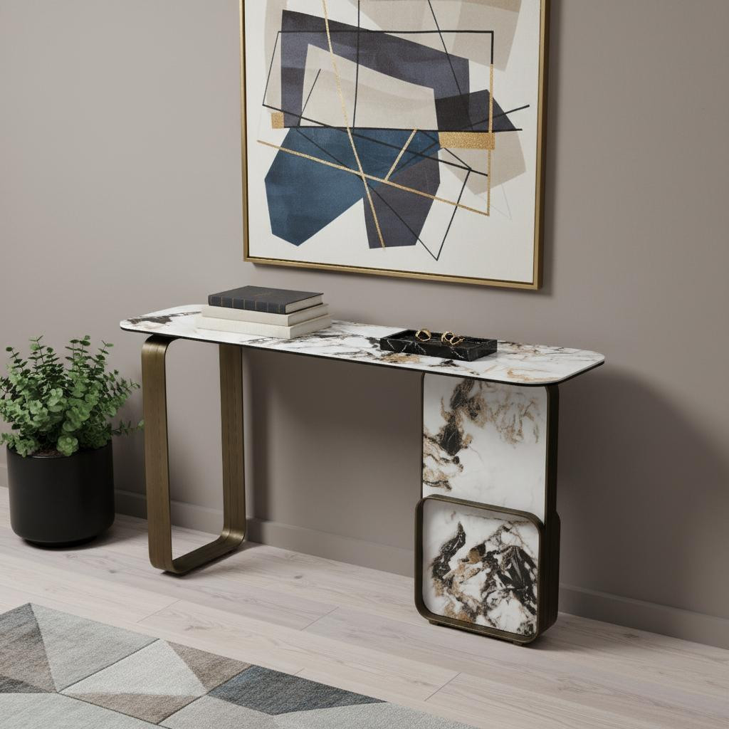 717432 55 in. White & Bronze Ceramic Tile & Metal Double Pedestal Console Table