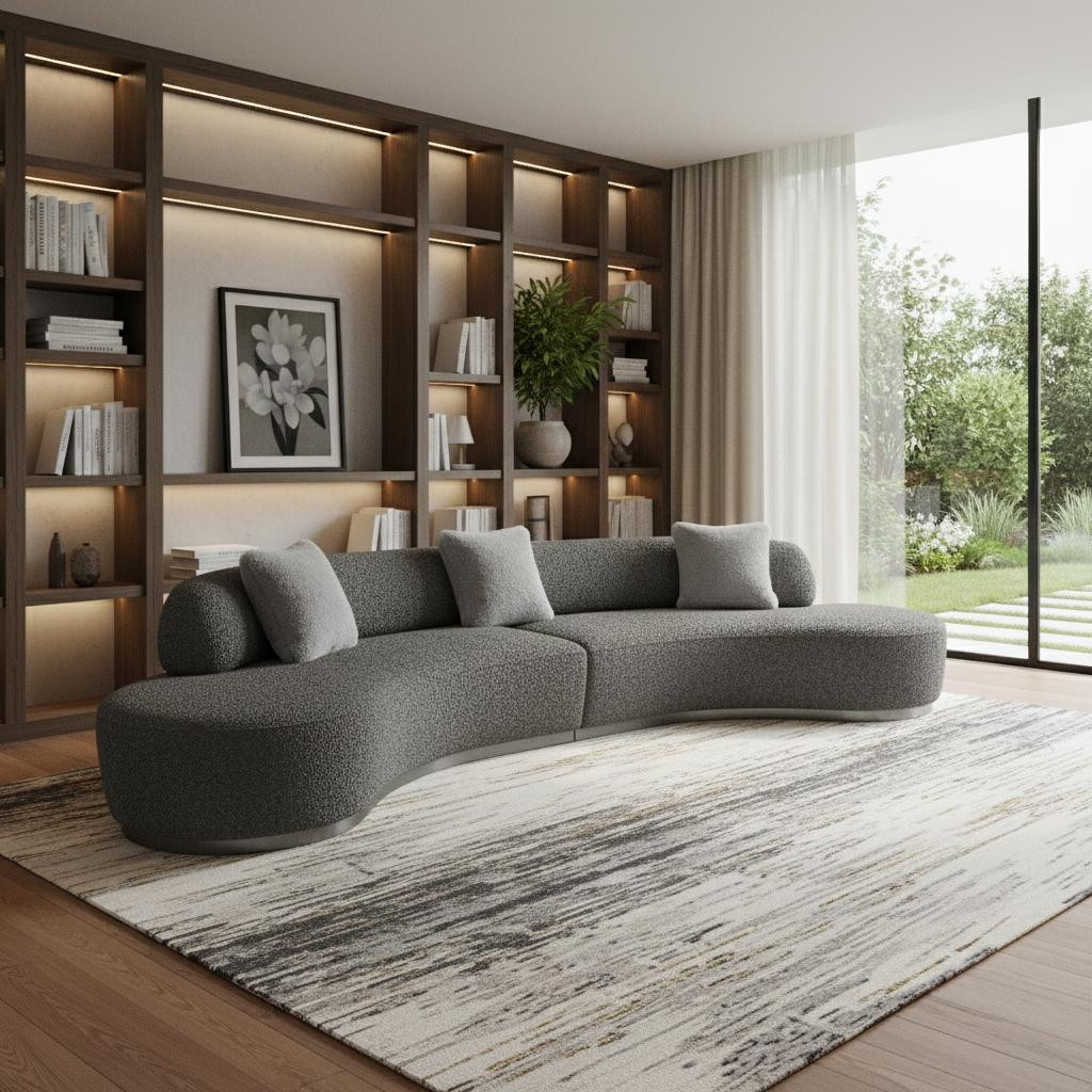 719425 150 in. Dark Gray Boucle Curved Sofa with Toss Pillows