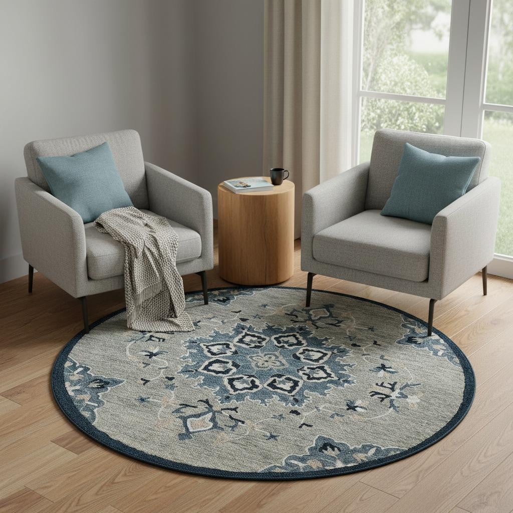 674461 7 ft. Blue & Gray Wool Medallion Hand Tufted Round Rug