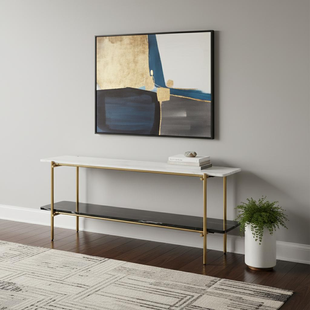 717431 72 in. White & Gold Genuine Marble & Stone Console Table with Shelf