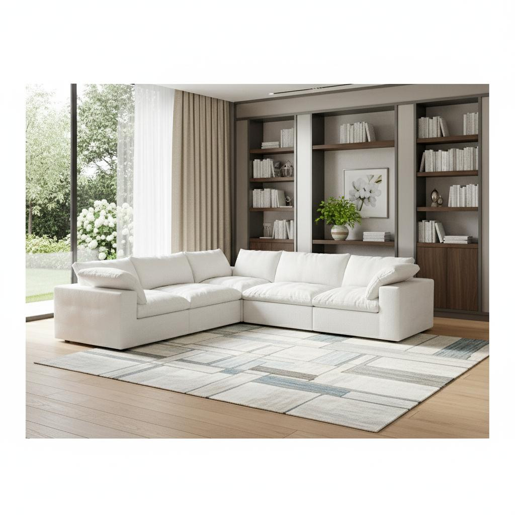716920 White Linen Blend Modular L Shaped Corner Sectional, 5 Piece