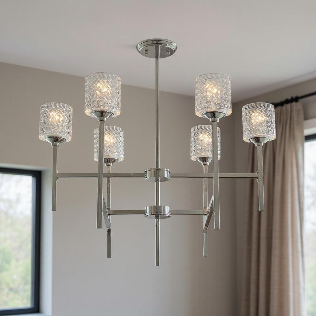 483111 Silver Candle Style Six Light Metal Dimmable Chandelier with Clear Shades