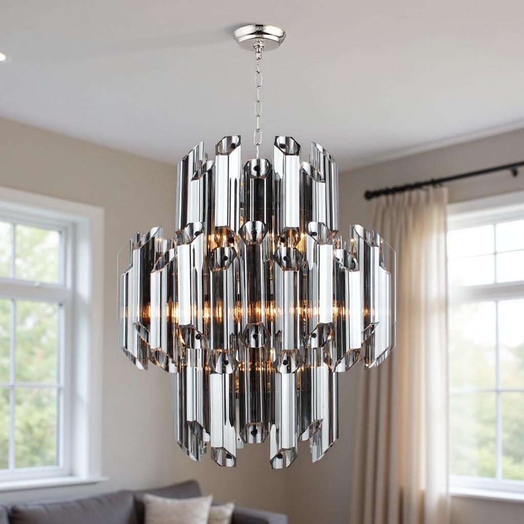 491081 Silver Unique Statement Nine Light Metal & Beveled Glass Chandelier with Shades