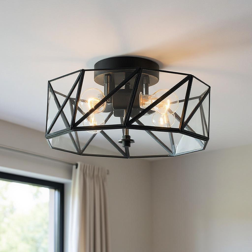 483968 Black Unique Statement Four Light Metal Dimmable Flush Chandelier with Clear Shades