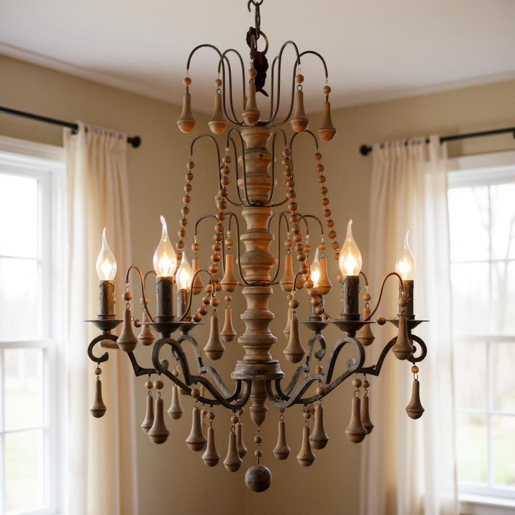 491059 Brown Candle Style Six Light Wood Chandelier