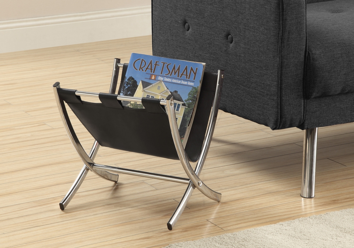 Picture of HomeRoots 332686 Black Leather-Look & Chrome Metal Magazine Rack