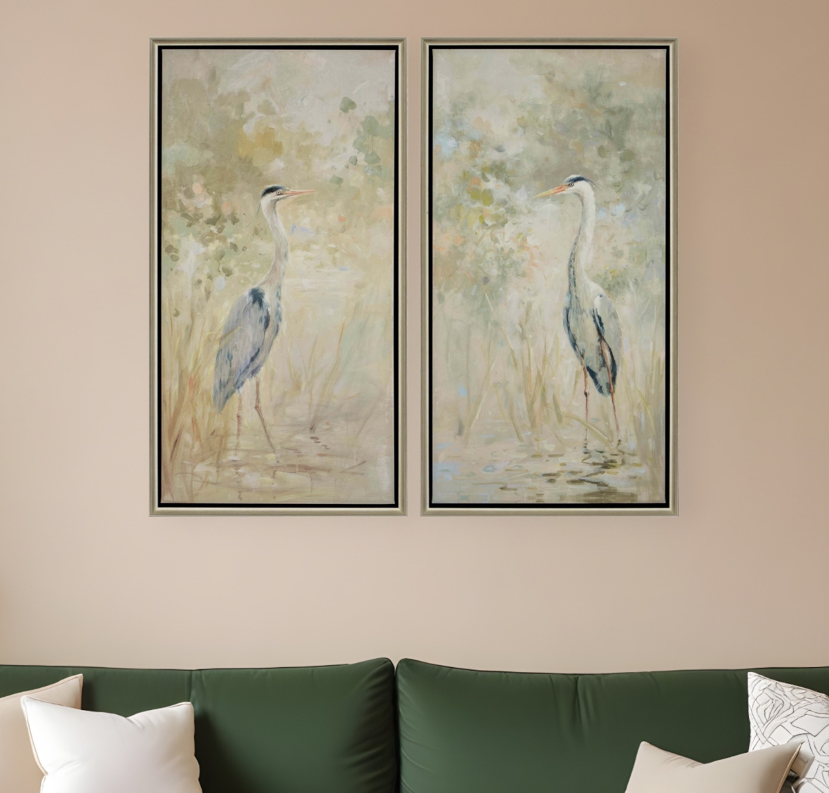 416351 Wading Heron Canvas Silver Floater Frame Print Wall Art, Set of 2