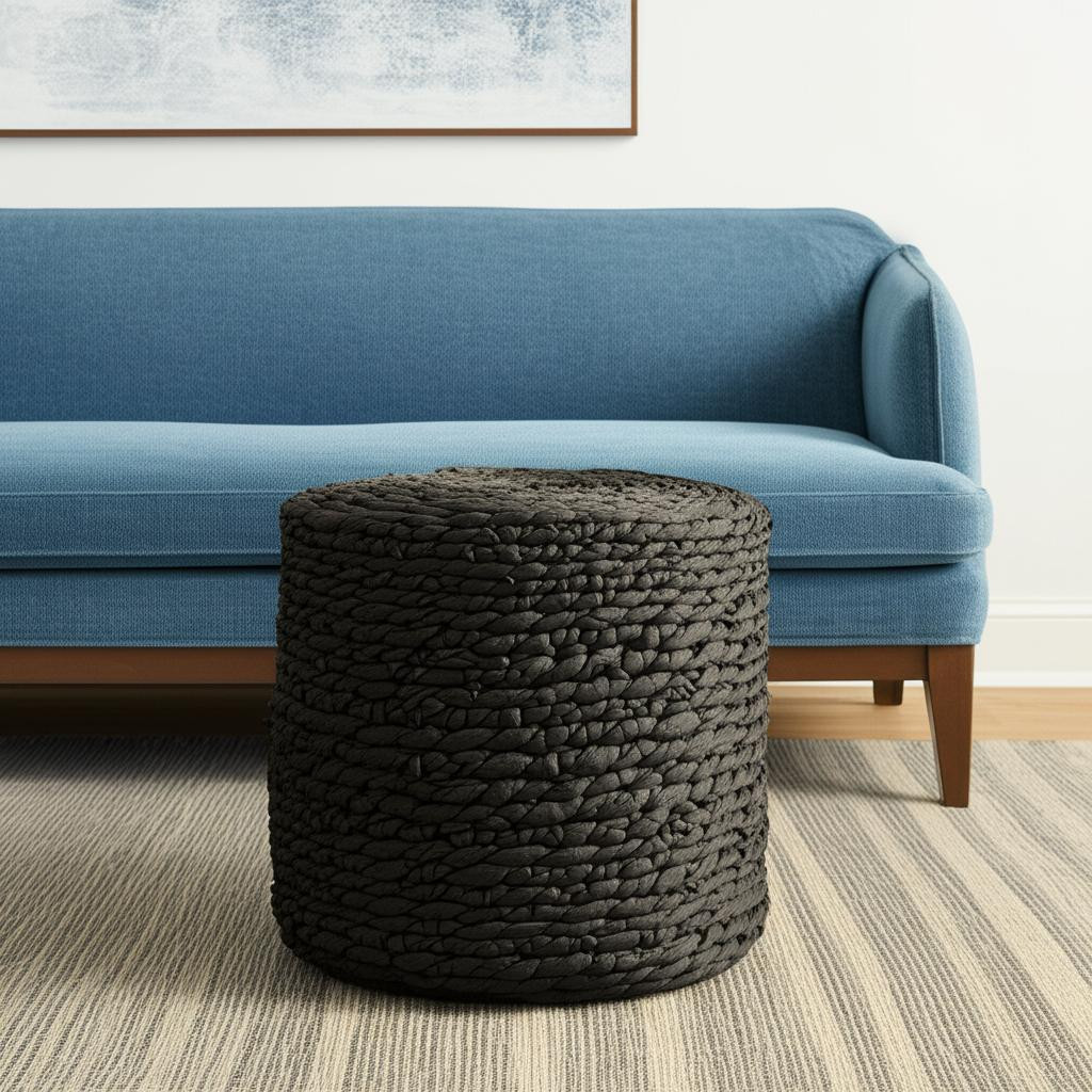 606729 18 in. Black Water Hyacinth Round Pouf Ottoman