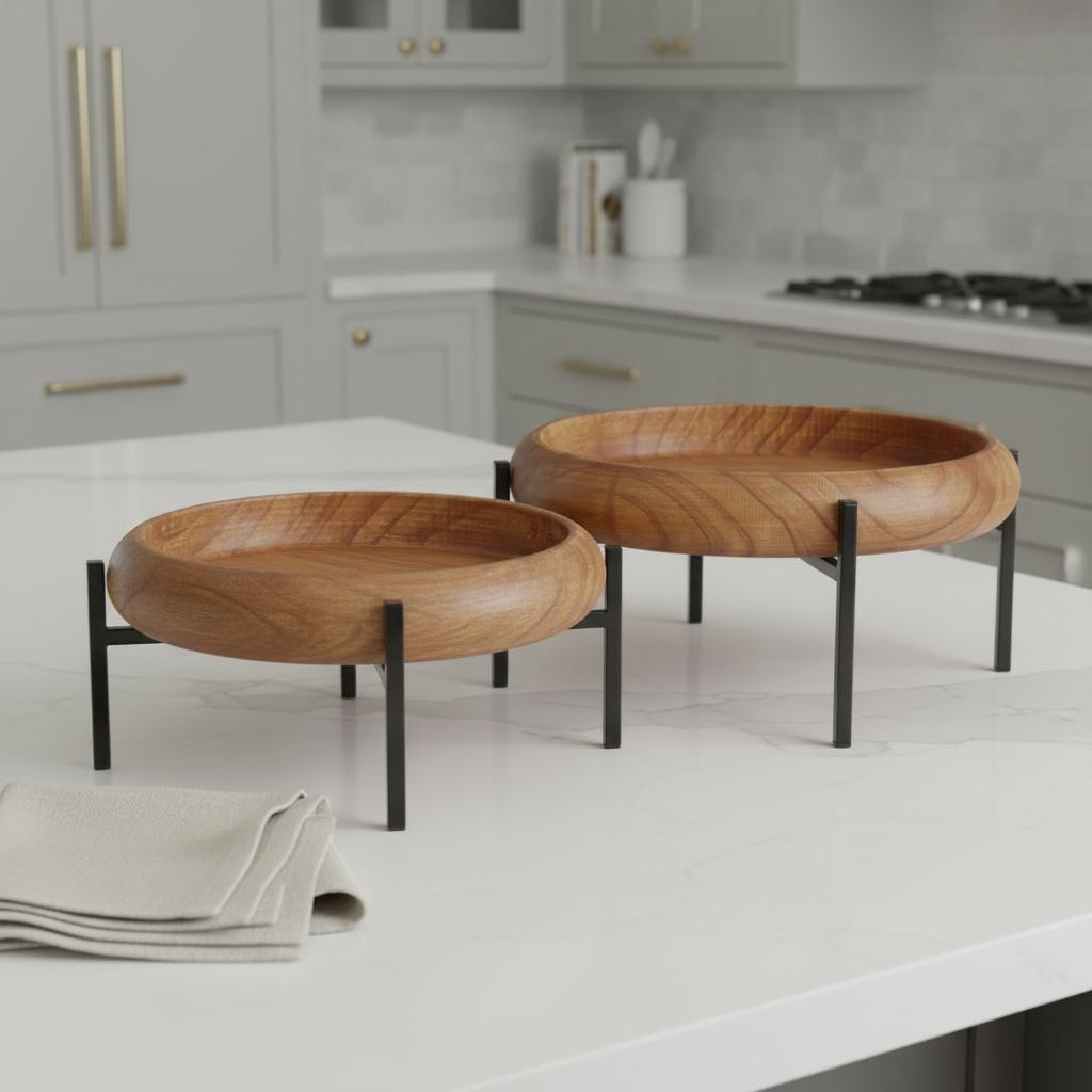 Picture of HomeRoots 609086 Brown Solid Wood Handmade Round Serving Trays with Stands, Set of 2