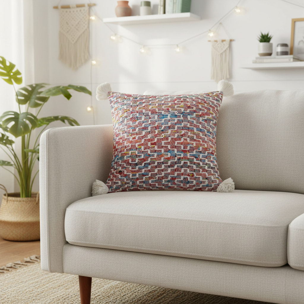 714214 20 in. Red Blue & Natural Geometric Polyester Blend Throw Pillow Cover with Tassels