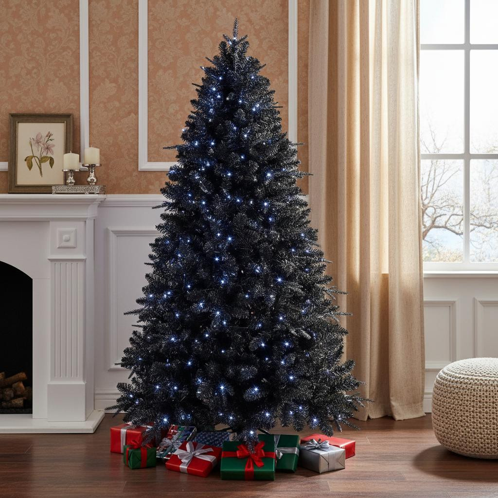 696948 7 ft. Black Pre Lit Full Spruce Christmas Tree
