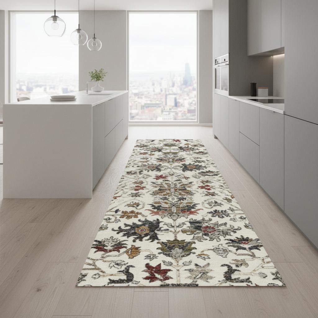 660165 8 ft. Cream Gray & Red Floral Medallion Runner Rug
