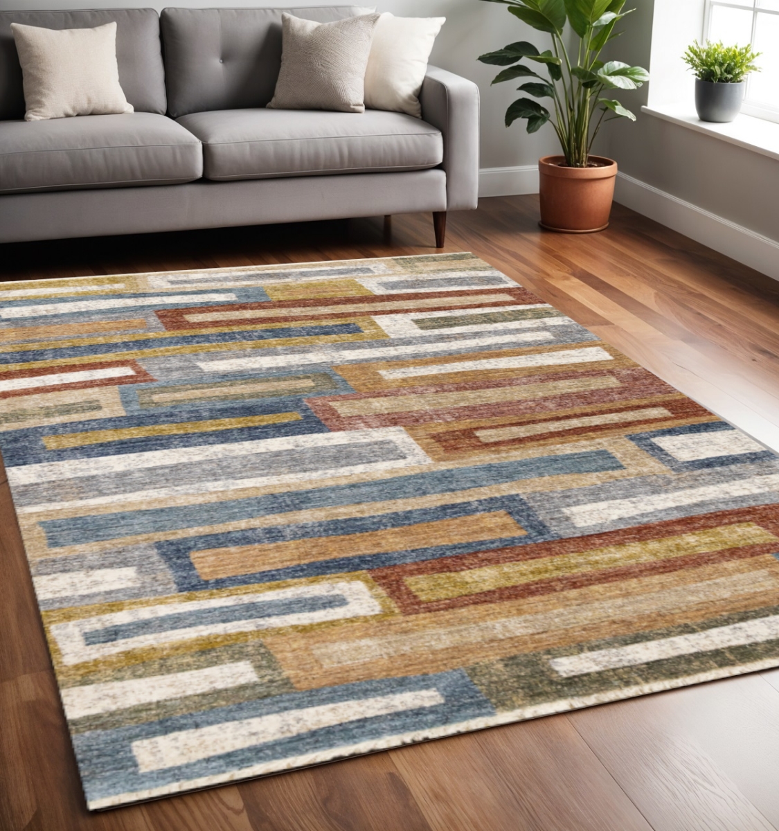 660205 5 x 8 ft. Yellow Blue & Brown Striped Rectangle Area Rug