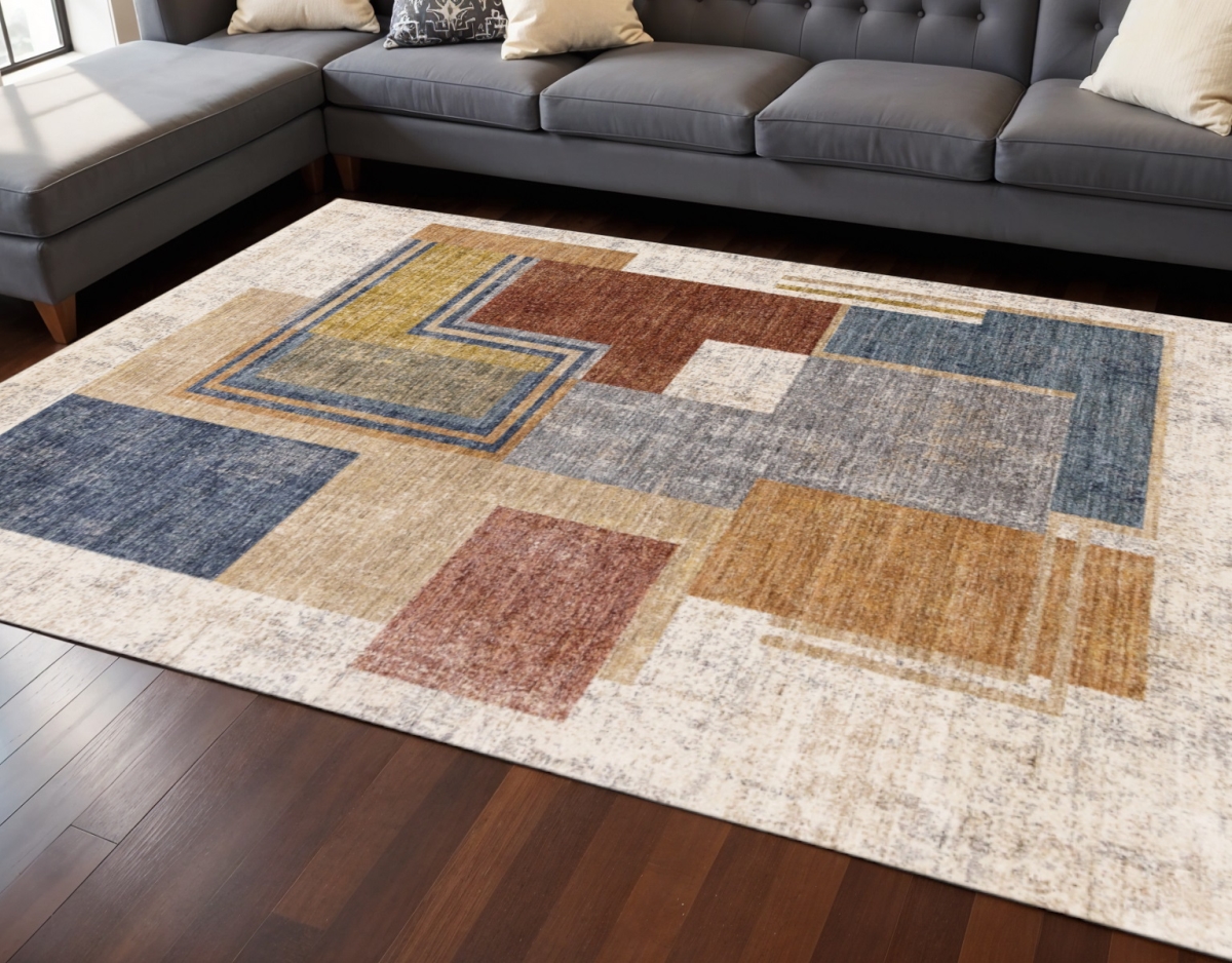 660242 8 x 10 ft. Cream Blue & Brown Geometric Rectangle Area Rug