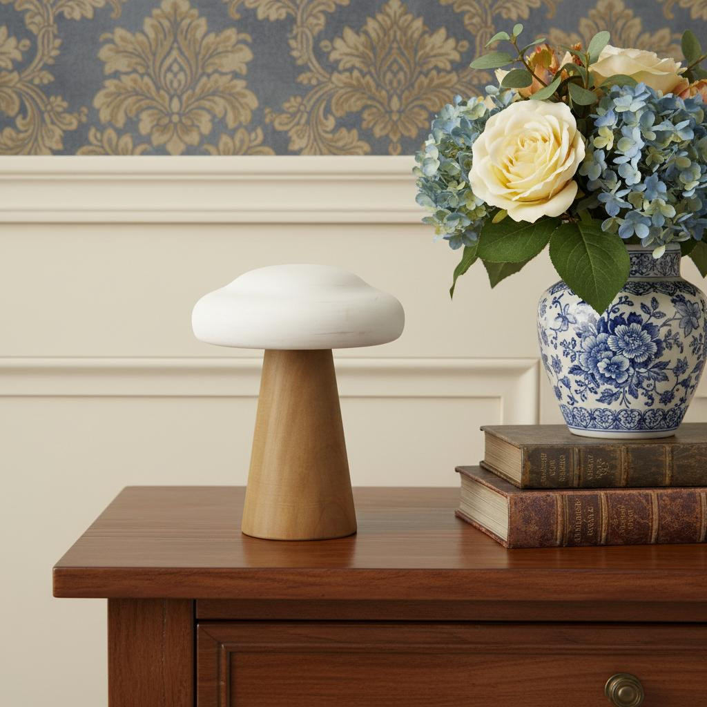 635374 7 in. Brown & White Wood Hand Painted Mushroom Tabletop Sculpture