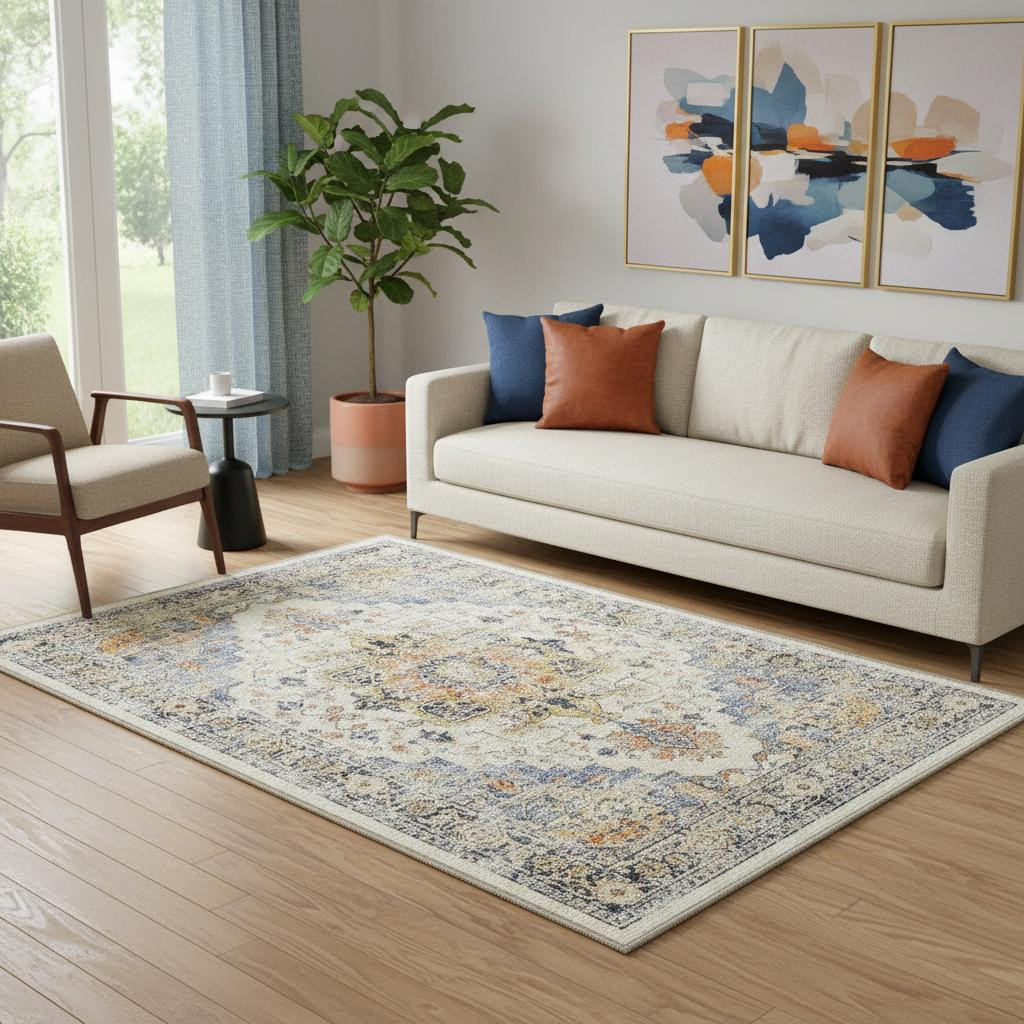 711198 5 x 7 ft. Ivory Blue & Orange Medallion Washable Rectangle Area Rug