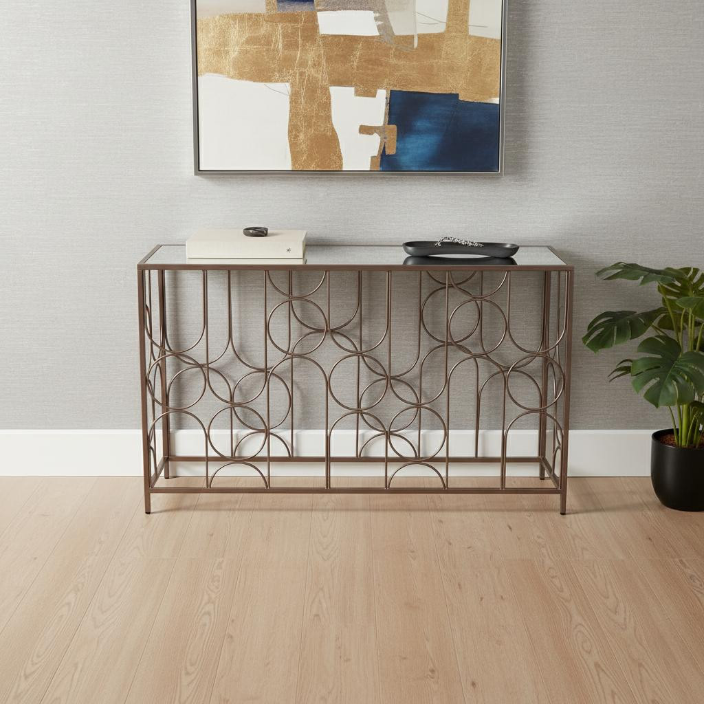 668869 50 in. Bronze Mirrored Glass & Steel Frame Console Table