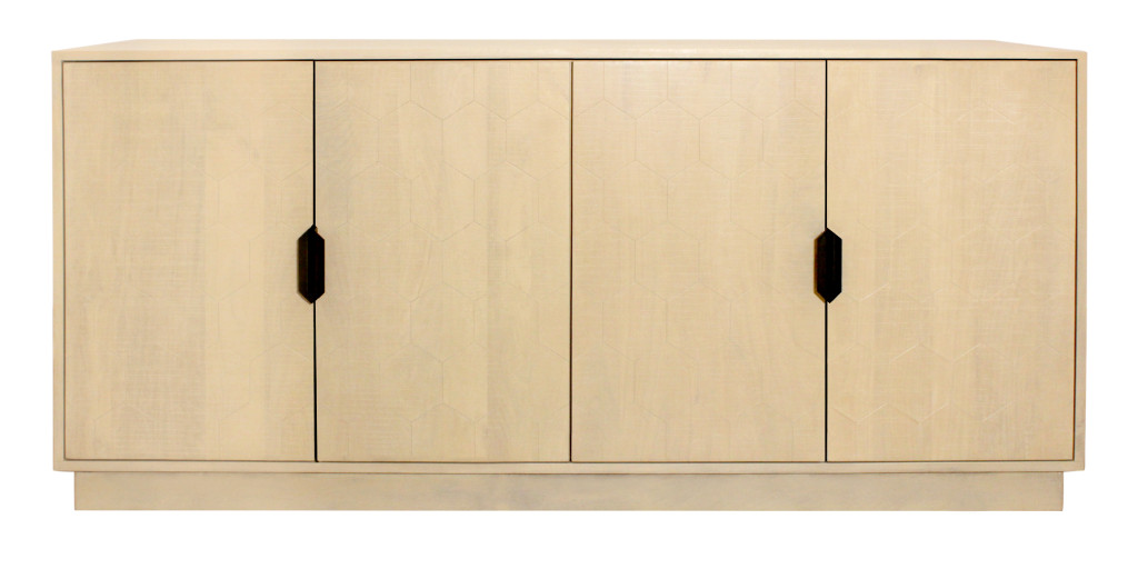625711 72 in. Natural Distressed Solid Wood Carved Geometric Sideboard with Four Doors