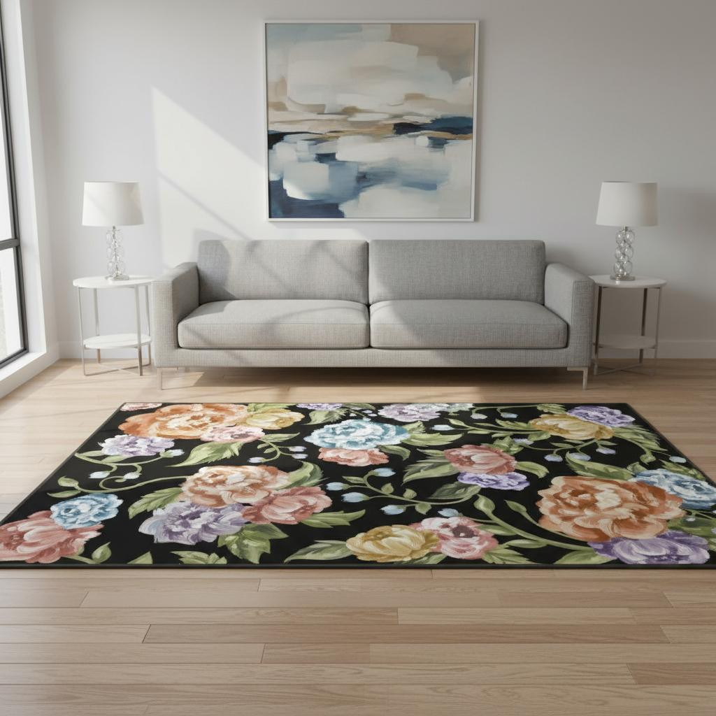 698916 5 x 7 ft. Black Green & Orange Floral Washable Rectangle Area Rug