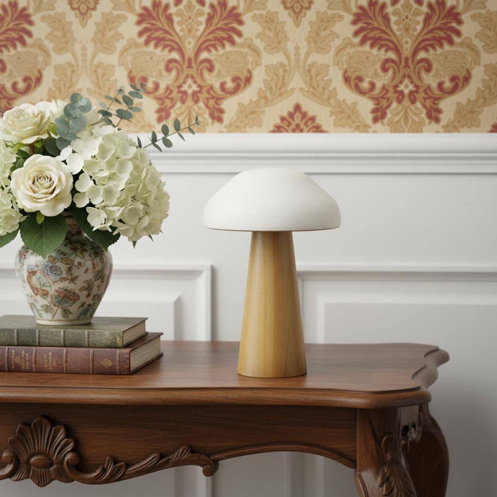 635373 9 in. Brown & White Wood Hand Painted Mushroom Tabletop Sculpture