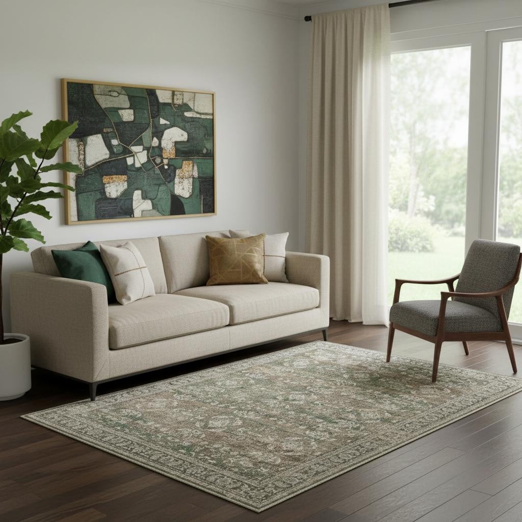 711202 5 x 7 ft. Brown Ivory & Green Floral Medallion Washable Rectangle Area Rug