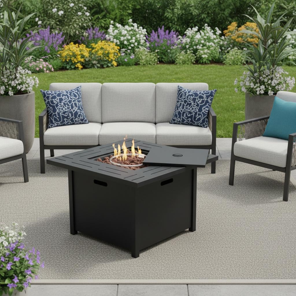 714417 28 in. 50000 BTU Black Steel Propane Square Fire Pit Table with Cover