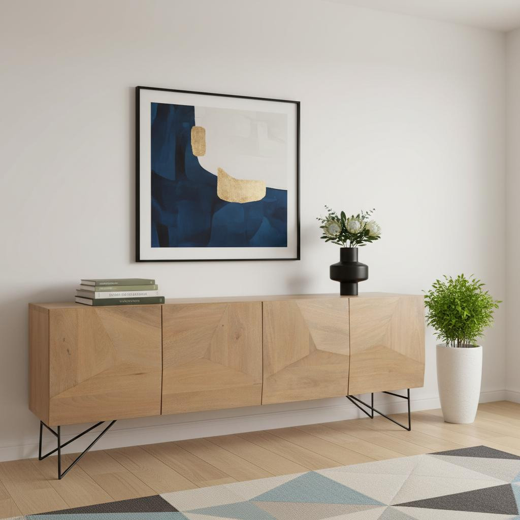 611024 80 in. Black Solid Wood Sideboard Soft Close with Four Doors