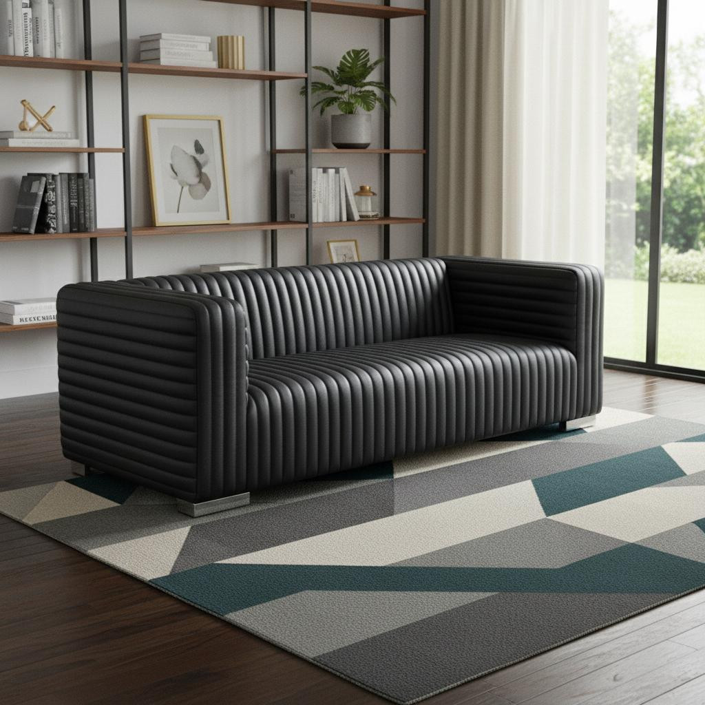 607333 83 in. Black Leather Sofa with Silver Legs
